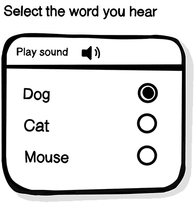 An online hearing exam with the title 'Select the word you hear', the 'Play sound' button, and 3 options for the answer - dog, cat, and mouse.