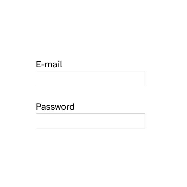 E-mail and password input fields with very low contrasting border color.