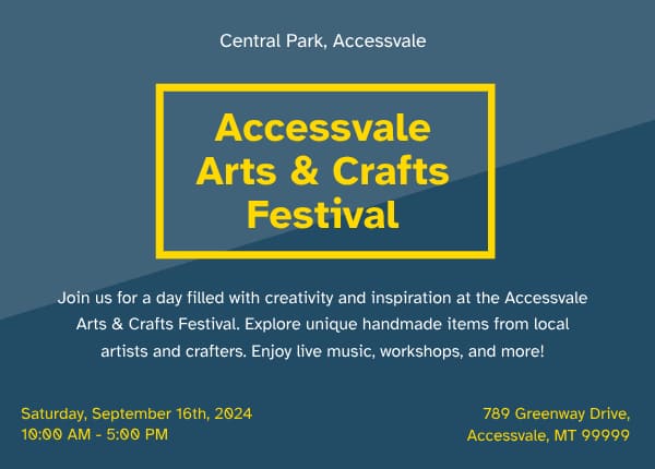 An event flyer titled Accessvale Arts & Crafts Festival, showing event description, date, and location.