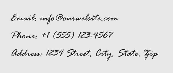 Contact information displayed in fancy font showing e-mail, phone, and address.